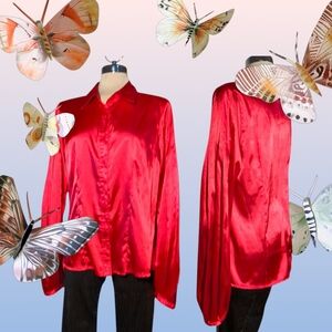 REQUEST Tall Luxury Long Sleeve Red Satin  Blouse Size M